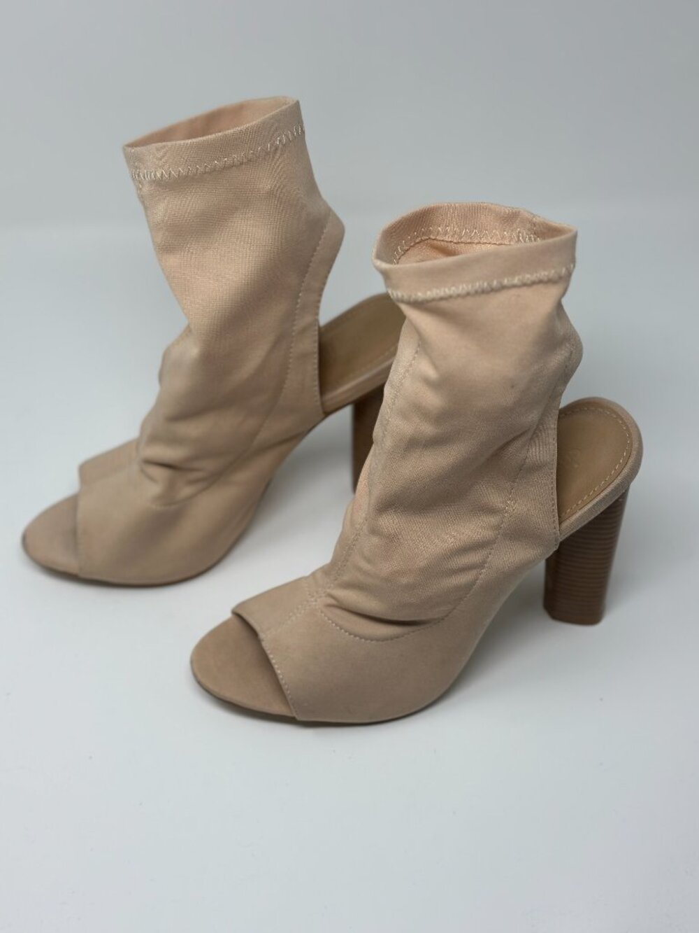 Nude Peep Toe Sock Bootie Heels Size 9